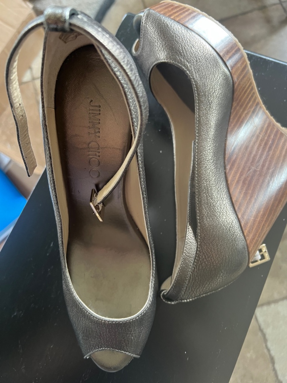 Jimmy Choo Bronze Metallic Peep-Toe Wedge Sandals